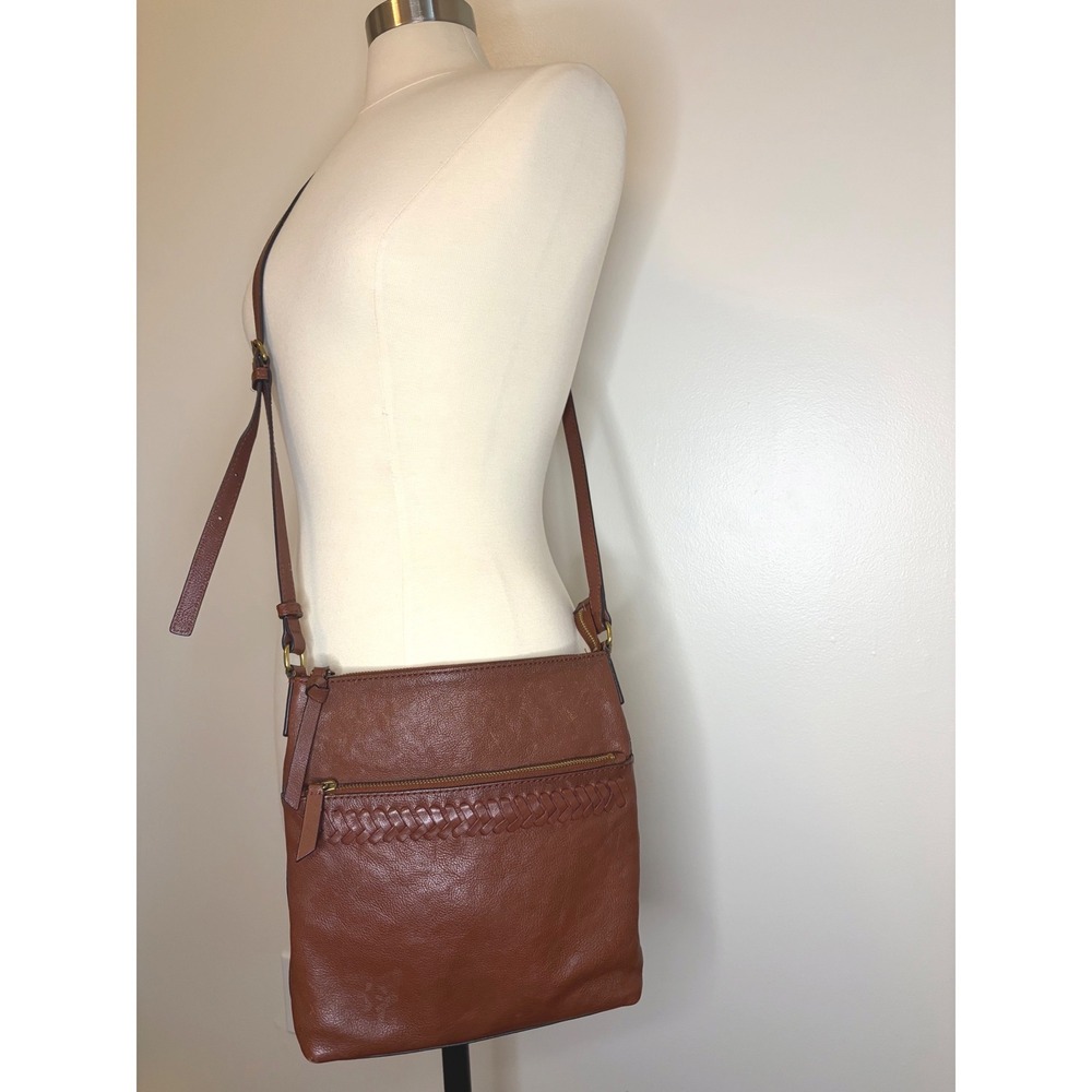 Frye Whipstitch Braided Leather Crossbody Bag Brown Cognac Zip Messenger Purse